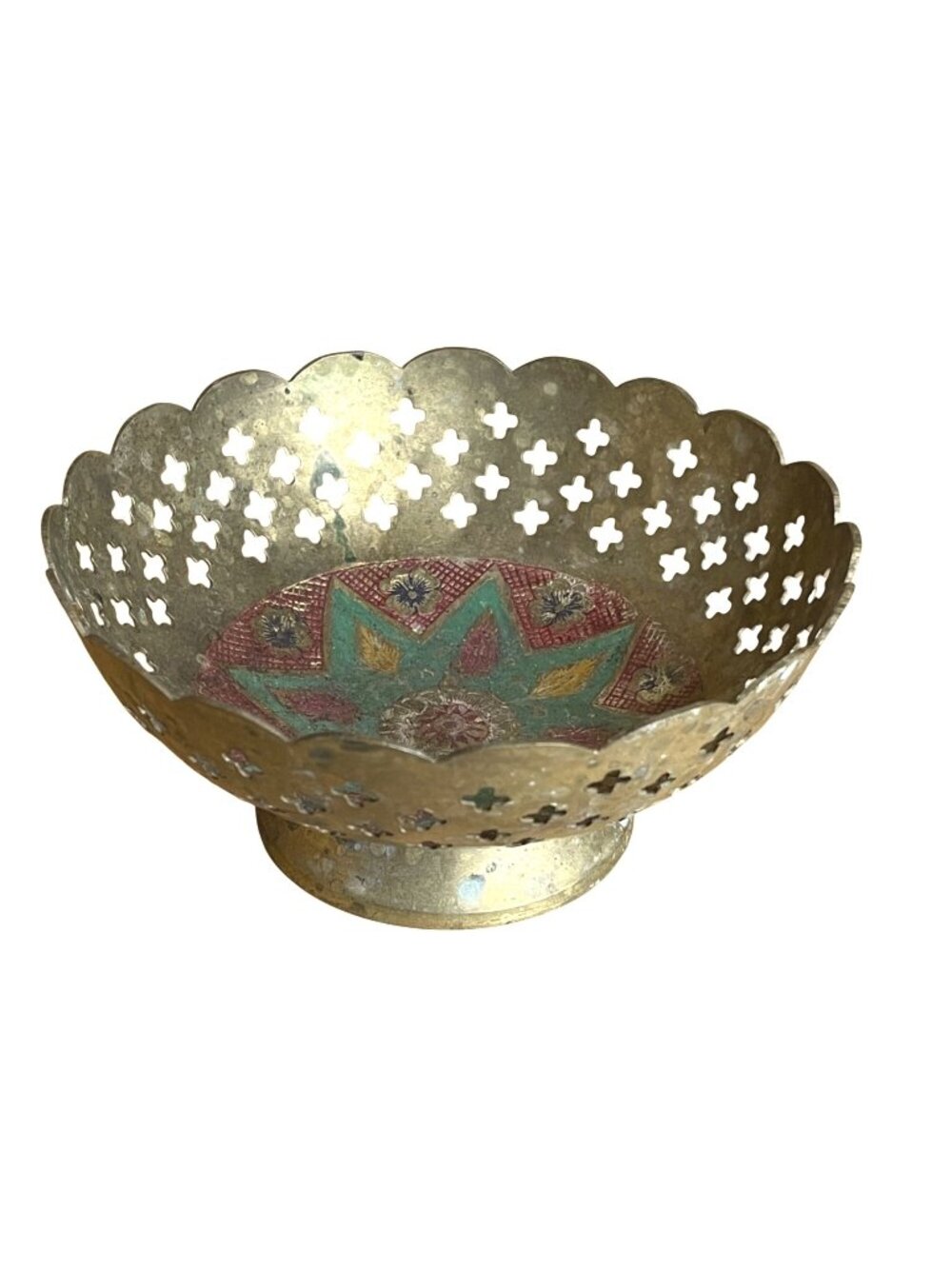 Vintage Hand Painted Indian Brass Bowl 6" Scalloped Pierced Star Cutout